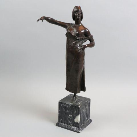 Bronze Statue of a Semi-Nude Woman,: find detail, dress in lost wax method design, 15 1/2" tall, plus a 4 1/2" carved marble base, unsigned.