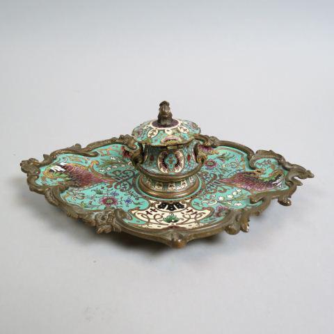 French Bronze Champleve Ink Stand,: elaborate floral, center well, hinged cover, 6" x 9", late 19th century.