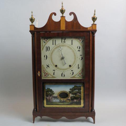 Eli Terry Pillar & Scroll Mantle Clock,: finely detailed wooden dial, wooden works, brass urn finials, Plymouth, Connecticut original labels inside, reverse painted farm scene on glass in door, oval pendulum view, 31 1/2" tall, 16" wide, 4" 