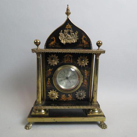 19th Century Chinoiserie Lacquerware Clock,: brass mounts including sunbursts, lion paw feet, movement by Herschede, 18 1/2" tall.