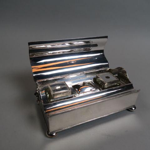 Fine English Silverplate Instand Travel Box,: lion & ring handles, footed, hinged cover opens to reveal double well, pen tray & compartment, 4 1/2" x 8", excellent.
