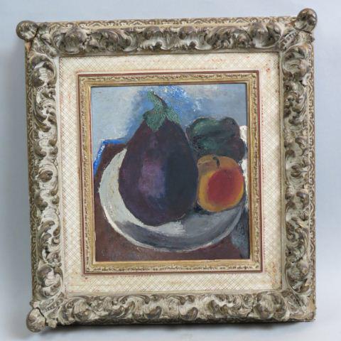 Fine Oil Painting, Still Life with Eggplant,: exhibition sticker from Fogg Museum, Harvard, artist initial "E" on board, image area 10" x 9" plus carved frame.