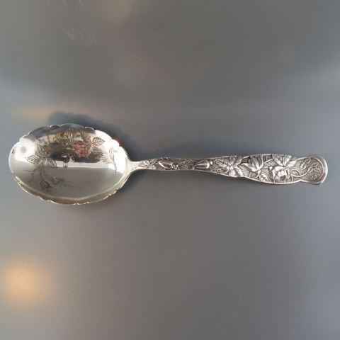 Victorian Sterling Silver Berry Spoon,: floral, circa 1880, scalloped and engraved bowl, 8 1/2" long, 65 grams, no monogram, excellent.
