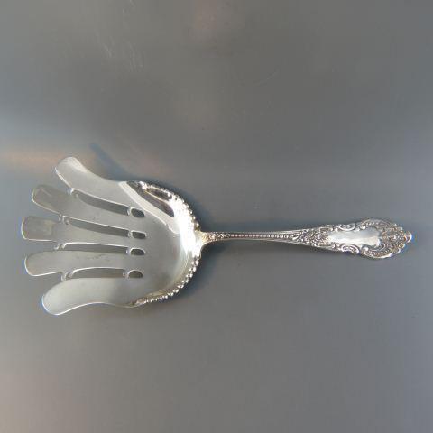 Victorian Sterling Silver Serving Fork,: bead and rococo design, openwork, 7" long, 48 grams, no monogram, light use marks.