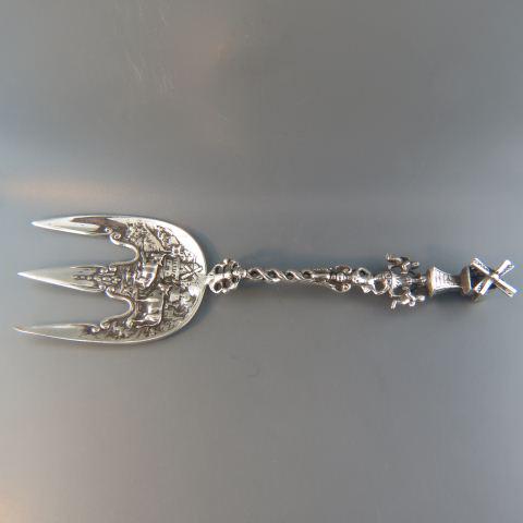 Dutch Hallmarked Silver Serving Fork,: cattle and windmill motif with farmers, made for German market, 8" long, mechanical windmill finial, 96 grams, no monogram, excellent.