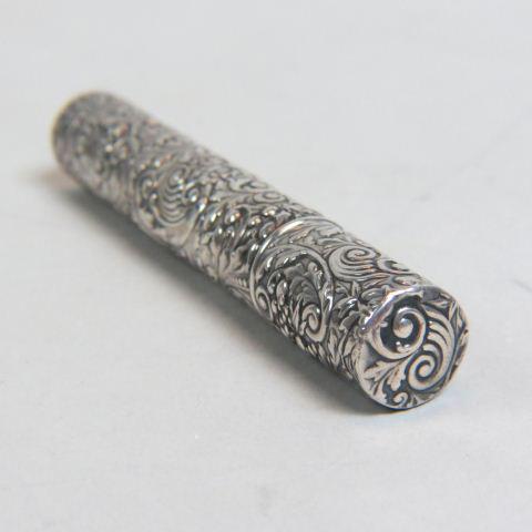 1893 Gorham Sterling Silver Cylindrical Holder: repousse design, 4.25" long, monogram "A" on bottom and dated July 7, '93