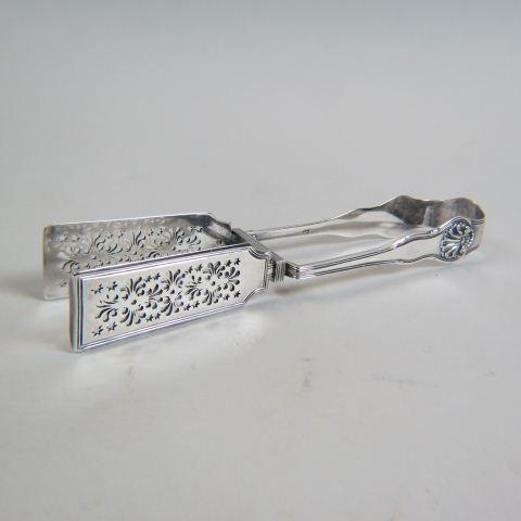 1830 English Sterling Pastry or Sandwhich Tongs,: hallmarks of London, maker Walter Thornhill, shell or King's style pattern, elaborate openwork, 10 1/2" long, no monogram, 255 grams, excellent.
