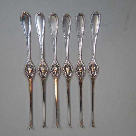Set of 6 European Silver Lobster Picks,: .800 fine, silver, lobster image in center, fine pattern, 7 1/2" long, 190 grams, no monogram, excellent.