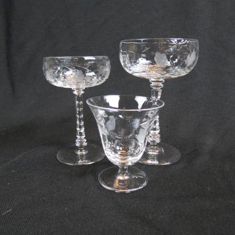 34 pcs. Cut Crystal Stemware Service: floral and cross cut designs, 12-6" wines, 12-5.25" wines, 10-3.5" juices, excellent