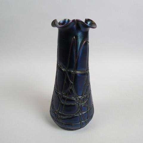 Loetz Type Art Glass Vase,: threaded design on iridescent deep amethyst, floraform top, 10 1/2", excellent.