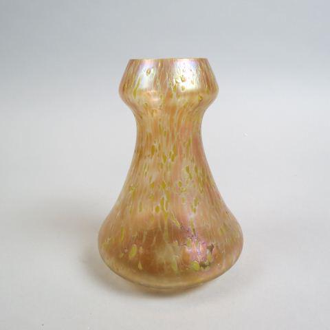 Loetz Type Art Glass Vase,: mottled peach & yellow, tulip top, 6", excellent.