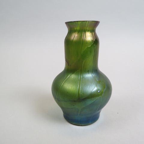 Loetz Type Art Glass Vase,: iridescent green with purple hues, trailing design, 5 1/2", excellent.