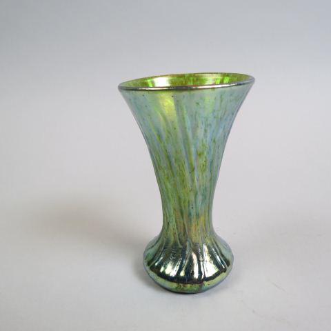 Loetz Type Art Glass Cabinet Vase,: iridescent green, textured, 4 1/8", excellent.