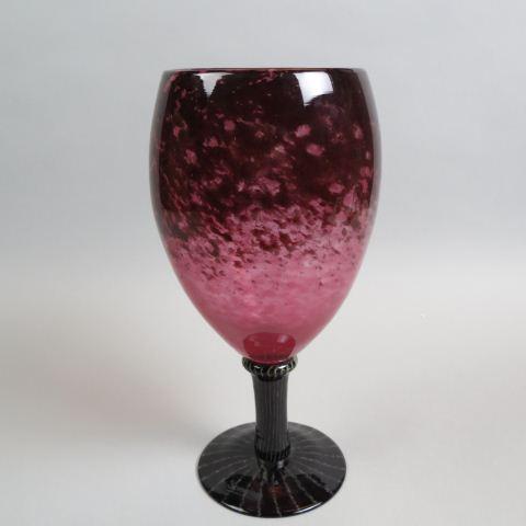 Schneider French Art Glass Vase,: chalice or goblet shaped, Art Deco, mottled red on cranberry, linear designs in dark amethyst base, 14" tall, signed, excellent.