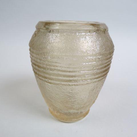 Daum Nancy French Art Glass Vase,: Art Deco era, chipped ice effect with banding on light topaz, signed, 6 1/8", excellent.