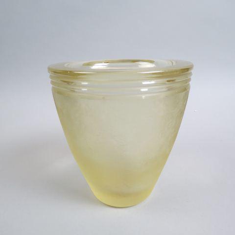 Daum French Art Glass Vase,: Art Deco era, textured design on light yellow, cut banding at top, unsigned, 7" excellent.