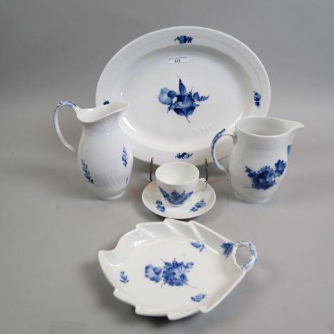 30 pcs. Royal Copenhagen "Blue Flowers" China,: 12 cups, 12 saucers, 3 pitchers, 2 leaf dishes, and an oval platter (11 1/2" x 14"), all excellent.