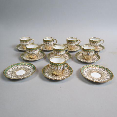 8 Copeland Spode "Jeweled" Cups and Saucers: elaborate swirling gold work, green trim, demitasse size, circa 1900, excellent