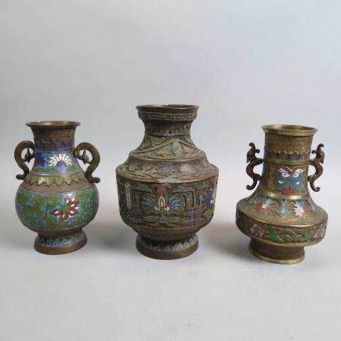 3 Japanese Champleve Bronze Vases,: stylized florals, two with serpent handles, 8" to 10 1/2"
