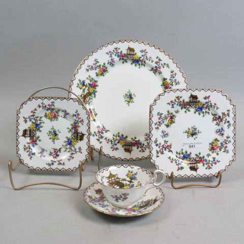 44 pc. Aynsley "Pagoda" China Service for 8,: with servers, includes 8 plates (10 1/4"), 8 square plates (6 3/4"), 8 square plates (5 3/4"), 8 cups, 8 saucers, gravy boat & under plate, oval platter (11" x 13"), oval serving bowl (7 1/2" x 9 1/2"