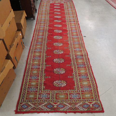 Bokhara Pakistan Handmade Runner,: overall geometrics, panelled border, red field, 2'6" x 8'7".
