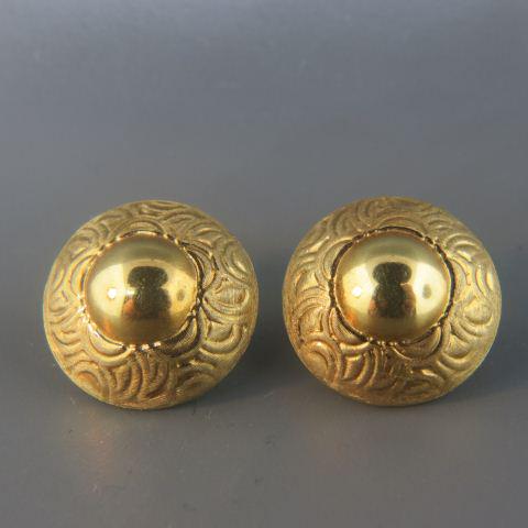 18K Gold Earrings,: ball and textured design, 1" round, 11.9 grams, omega style pierced clips.