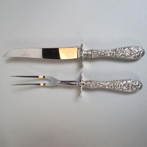 2 pc. Kirk Stieff "Repousse" Sterling Carving Set,: elaborate sterling handles, 10 1/4" long, no monogram, excellent.