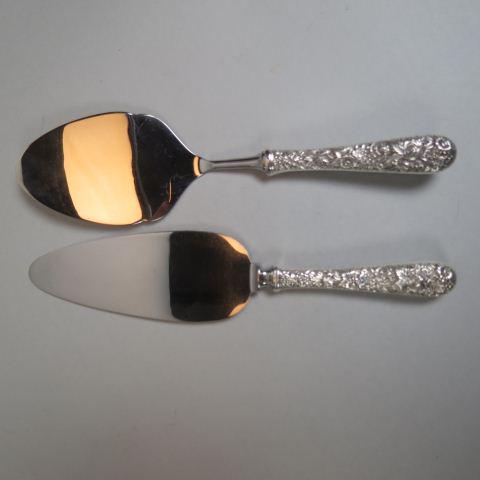 2 Kirk "Repousse" Sterling Silver Servers,: pie and utility server, elaborate sterling handles, stainless blades, 10" long, find servers.