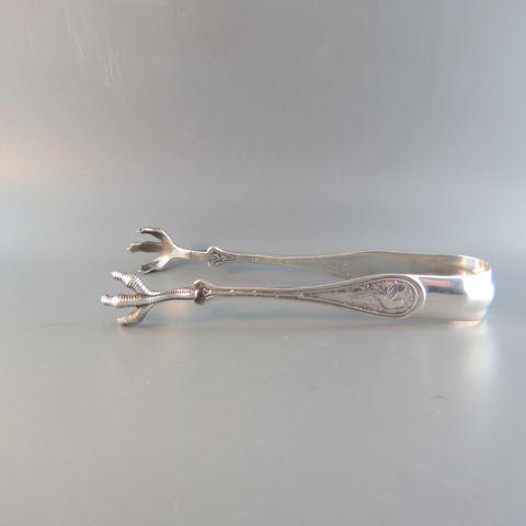 Victorian Sterling Silver Tongs with Birds,: Japanese style, similar to Whiting, marked Starr & Marcus, fancy claw ends, fancy monogram, 31 grams, 4 1/2" long.
