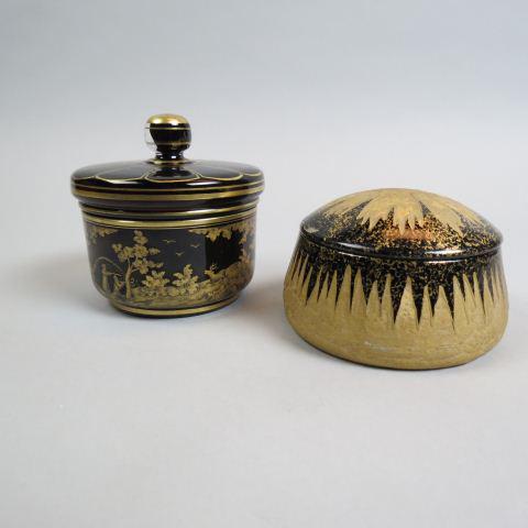 2 Fine Art Glass Dresser Boxes,: a wild boar hunt (excellent) and an Art Deco DeVilbiss (has chips), 4 1/2" diameter.
