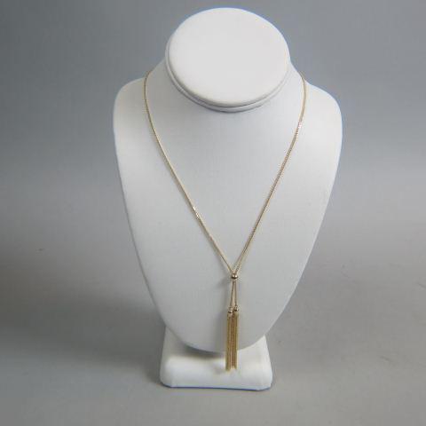 14K Gold Necklace with Tassel & Ball Slide,: up to 30" long plus pair of 2" tassels, 6.1 grams.
