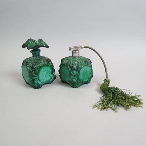 Bohemian Malachite Art Glass Perfume & Atomizer,: raised floral, Art Deco era, squared panel cut, perfume is 5 1/2", excellent.