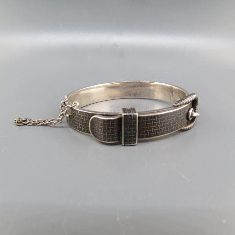Victorian Sterling Silver Niello Enamel Bangle Bracelet: black enamel woven design belt shape bangle, circa 1890, unmarked, hinged, 2.25"x2" size with safety chain, excellent