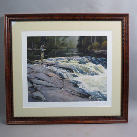 William Mathews, lithograph, "The Hatch",: fly fisherman, image area 23" x 20", #2 of 50, signed, nicely framed....William Matthews was born in 1949 in New York City. He grew up in the Bay Area. His professional career began in Los Angeles, de