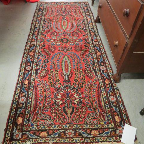 Sarouk Persian Handmade Antique Rug,: fancy florals, red field, 2'9"x6'10"