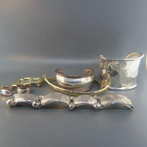 Group of Danish Jewelry Signed Nielsen,: includes cuff bracelet (2 1/4" wide), choker and pendant bracelet (6 3/4" long) and a silver and copper cuff bracelet and two rings.