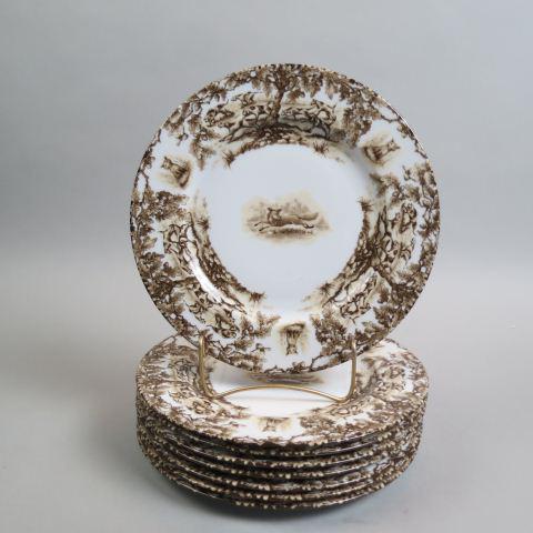8 C.E. Corey "Aiken" China Fox Hunt Dinner Plates,: 10 3/4", excellent....This timeless pattern was inspired by the fox hunting scene of Aiken, South Carolina and is ideal for casual or formal dining as it features beautifully detailed hunt scene with