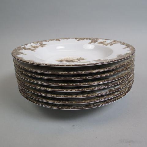 8 C.E. Corey "Aiken" Fox Hunt China Bowls,: 9", excellent.....This timeless pattern was inspired by the fox hunting scene of Aiken, South Carolina and is ideal for casual or formal dining as it features beautifully detailed hunt scene with oak