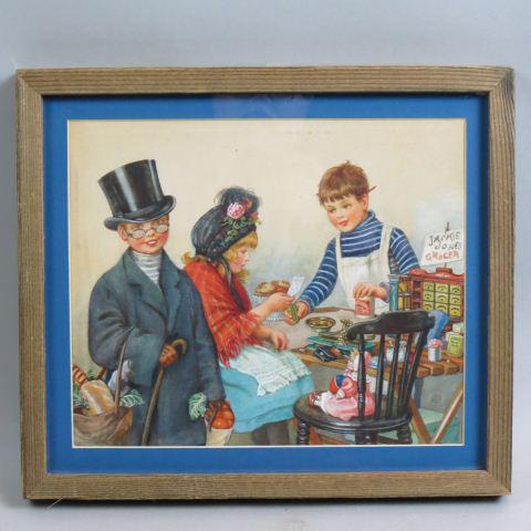 Alice M. Coats, Illustration, Artwork Children: children in General store, very well done, artist monogram, image area approx. 10" X 12", framed.