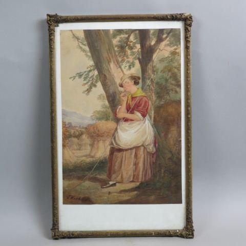 J. Ward, watercolor, Farm Maiden At Rest,: hay stacks in field, image area approx 18" x 12", circa 1890.