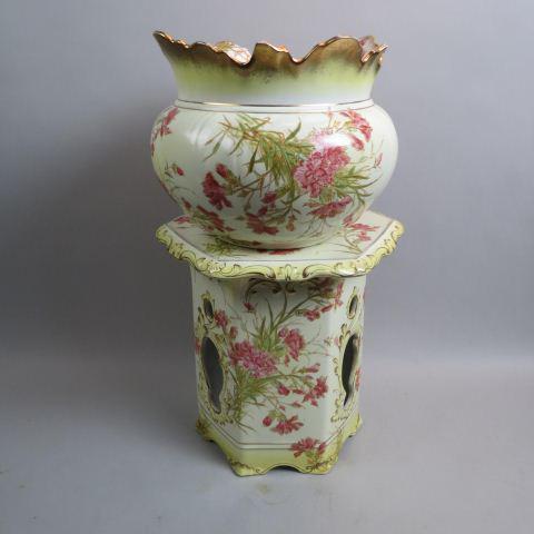 English Ironstone Jardiniere & Pedestal,: fine floral on ivory and soft yellow, gold trim, openwork designs in base, by Maddocks, Lamberton, 25" tall, 13" diameter jardiniere, circa 1890's.