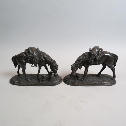 Pair of Bronzed Horse & Dog Statues or Bookends,: each horse carrying wild game from a hunt, dog at their side, 6" tall, 19th Century.