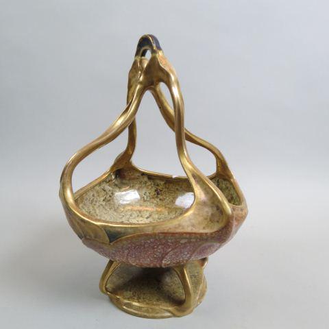 Amphora Art Pottery Art Nouveau Basket,: 13" tall, scarce....Amphora refers to some delicate pottery produced between 1894 and 1904 in the Turn-Teplitz region of Bohemia during the Art Nouveau times. These ceramic wares were produced between