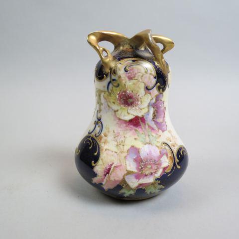 Teplitz Amphora Pottery Art Nouveau Vase,: fine handpainted floral with cobalt & gold trim, 6", signed, tiny gold wear but otherwise excellent......Amphora refers to some delicate pottery produced between 1894 and 1904 in the Turn-Teplitz regi