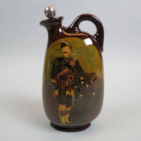 Early Royal Doulton Dewar's Whiskey Bagpiper,: decanter, artist signed, handled, original stopper, 9", excellent.
