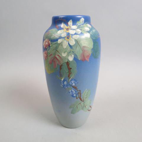 Weller Art Pottery Vase "Hudson,": rich floral on blues, 10" tall, artist signed, a beauty!....In 1872, Samuel A. Weller founded Weller Pottery in Fultonham, Ohio, United States. Originally, his business consisted of a small cabin and 