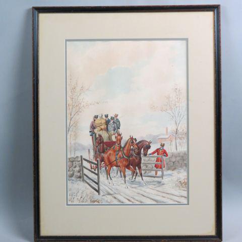 Richard Rosenbaum, watercolor, Coaching Scene,: four-in-hand, arriving at gate, well listed artist, image area 20" x 16", framed....Richard Rosenbaum (Born 1864)Richard Rosenbaum was active/lived in New York. Richard Rosenbaum is known for horse ge
