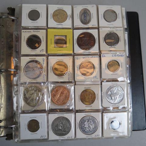 340 Tokens & Medals,: includes advertising, whiskey, Masonic, railroad, trade, celebrations, hard times and more, in album.