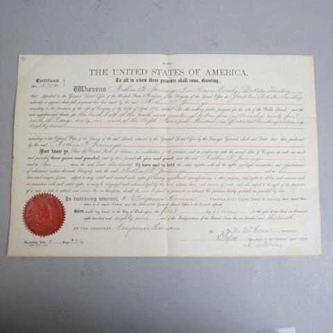 1889 Dakota Territory Land Grant Benjamin Harrison: with 80 acres to Nathan Jennings, signed, seal.
