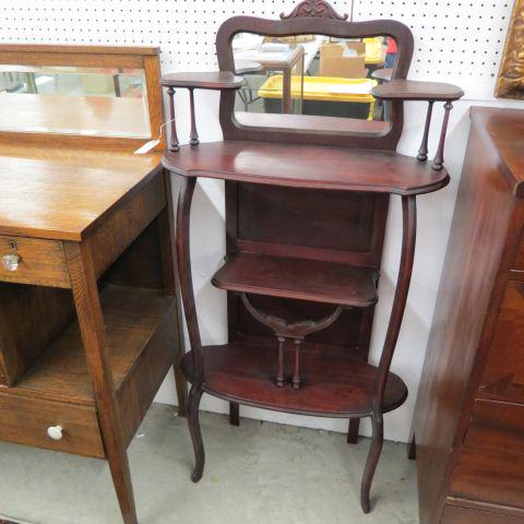 Antique Curio Shelf Etergere,: mirrored arch back top, 56" tall, 28" wide.
